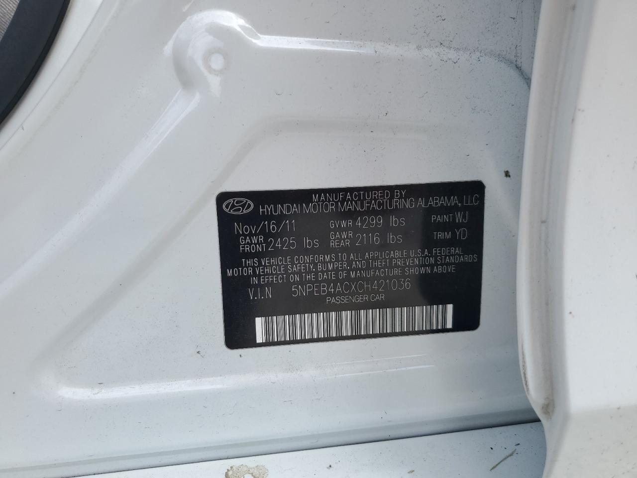 2012 Hyundai Sonata Gls VIN: 5NPEB4ACXCH421036 Lot: 86072765