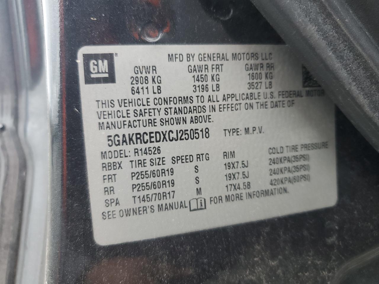 2012 Buick Enclave VIN: 5GAKRCEDXCJ250518 Lot: 82412675