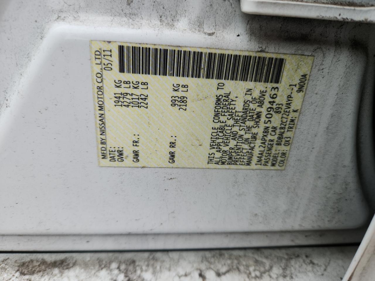 2011 Nissan Altima Base VIN: 1N4AL2APXBN509463 Lot: 90073735