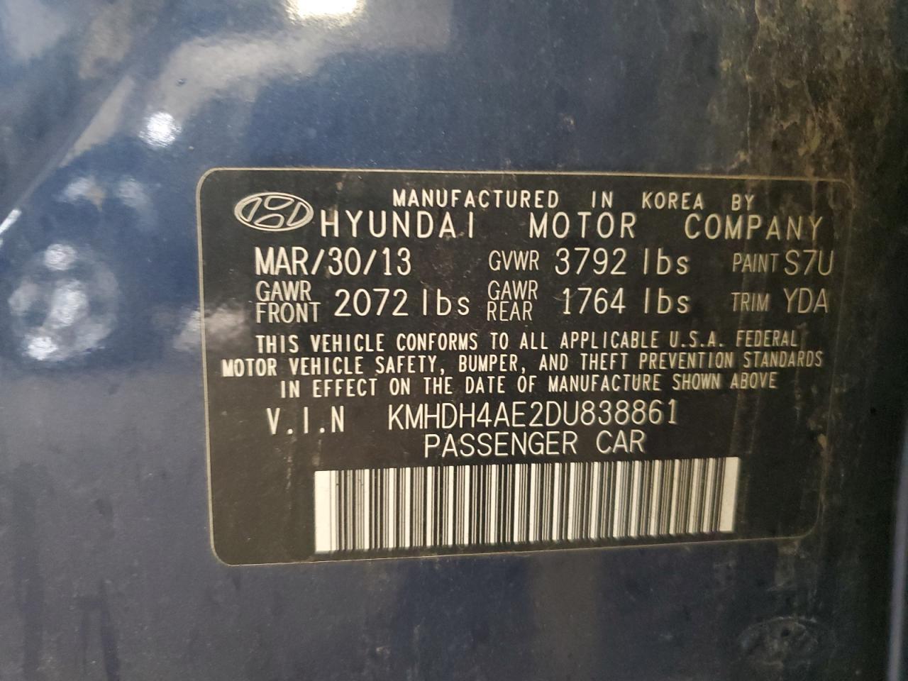 2013 Hyundai Elantra Gls VIN: KMHDH4AE2DU838861 Lot: 89492265
