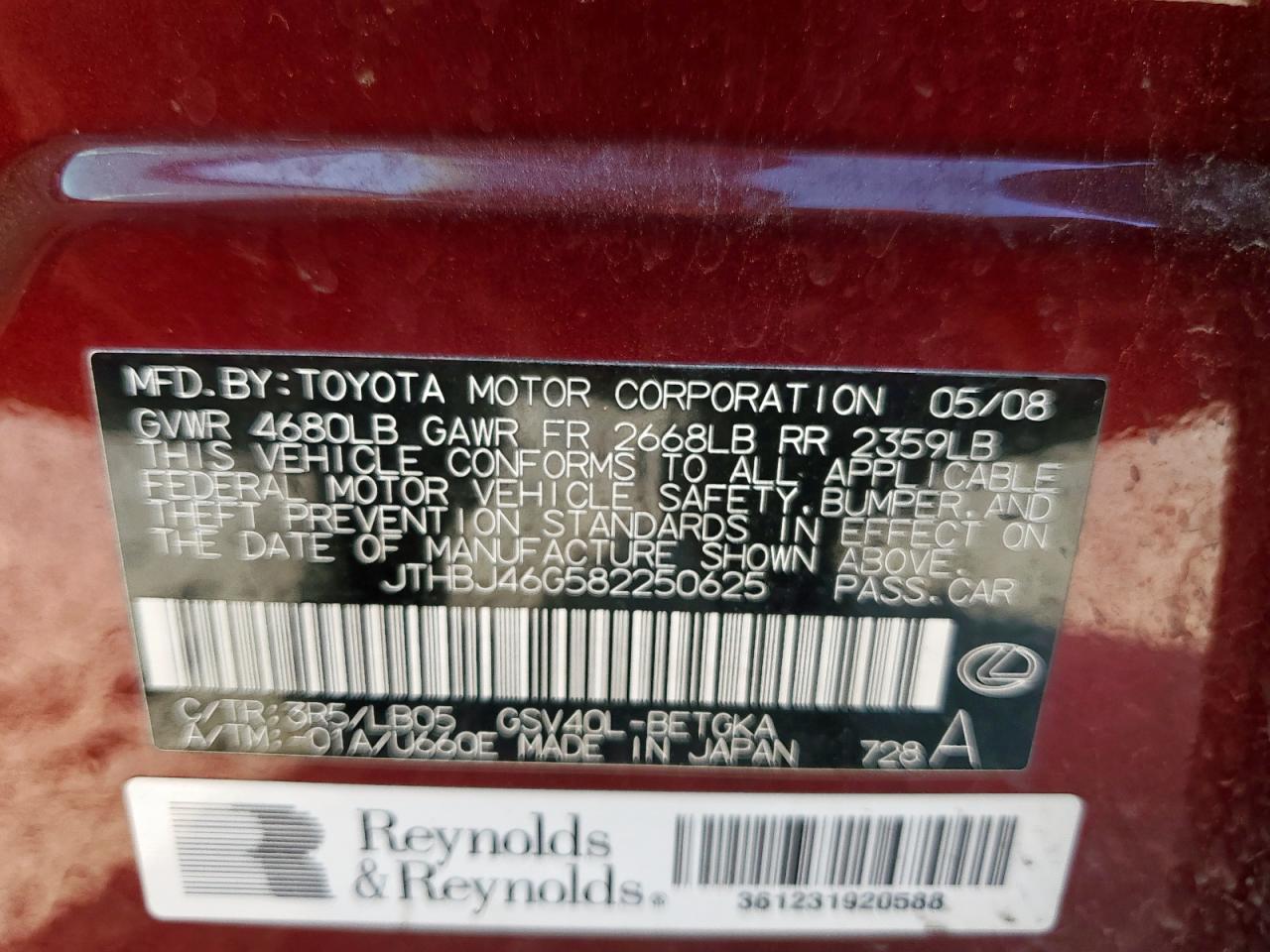 2008 Lexus Es 350 VIN: JTHBJ46G582250625 Lot: 82002615