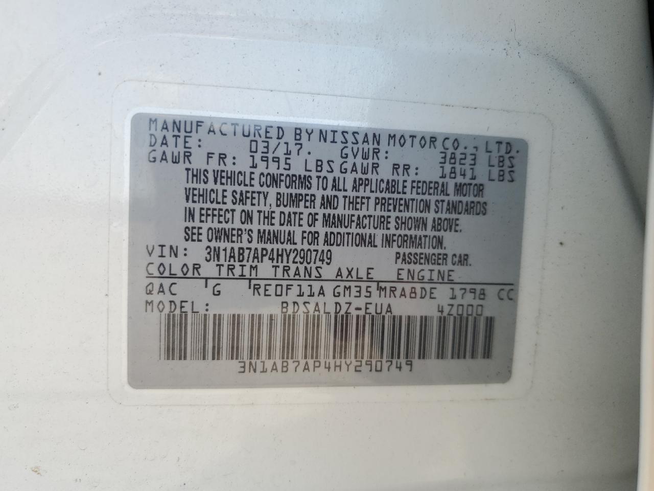 2017 Nissan Sentra S VIN: 3N1AB7AP4HY290749 Lot: 84815895