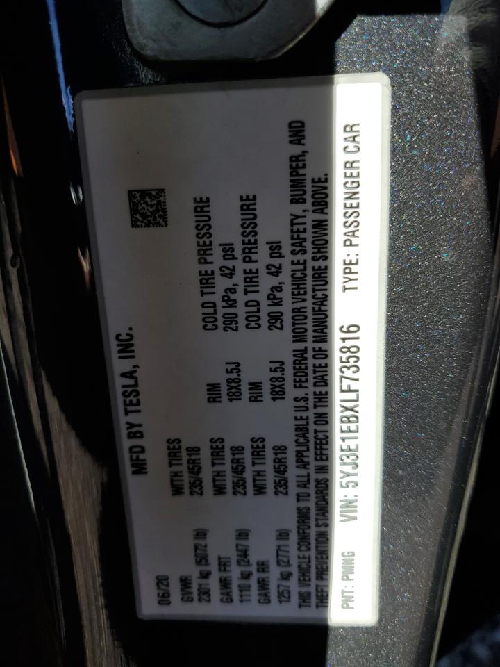 2020 Tesla Model 3 VIN: 5YJ3E1EBXLF735816 Lot: 85766795