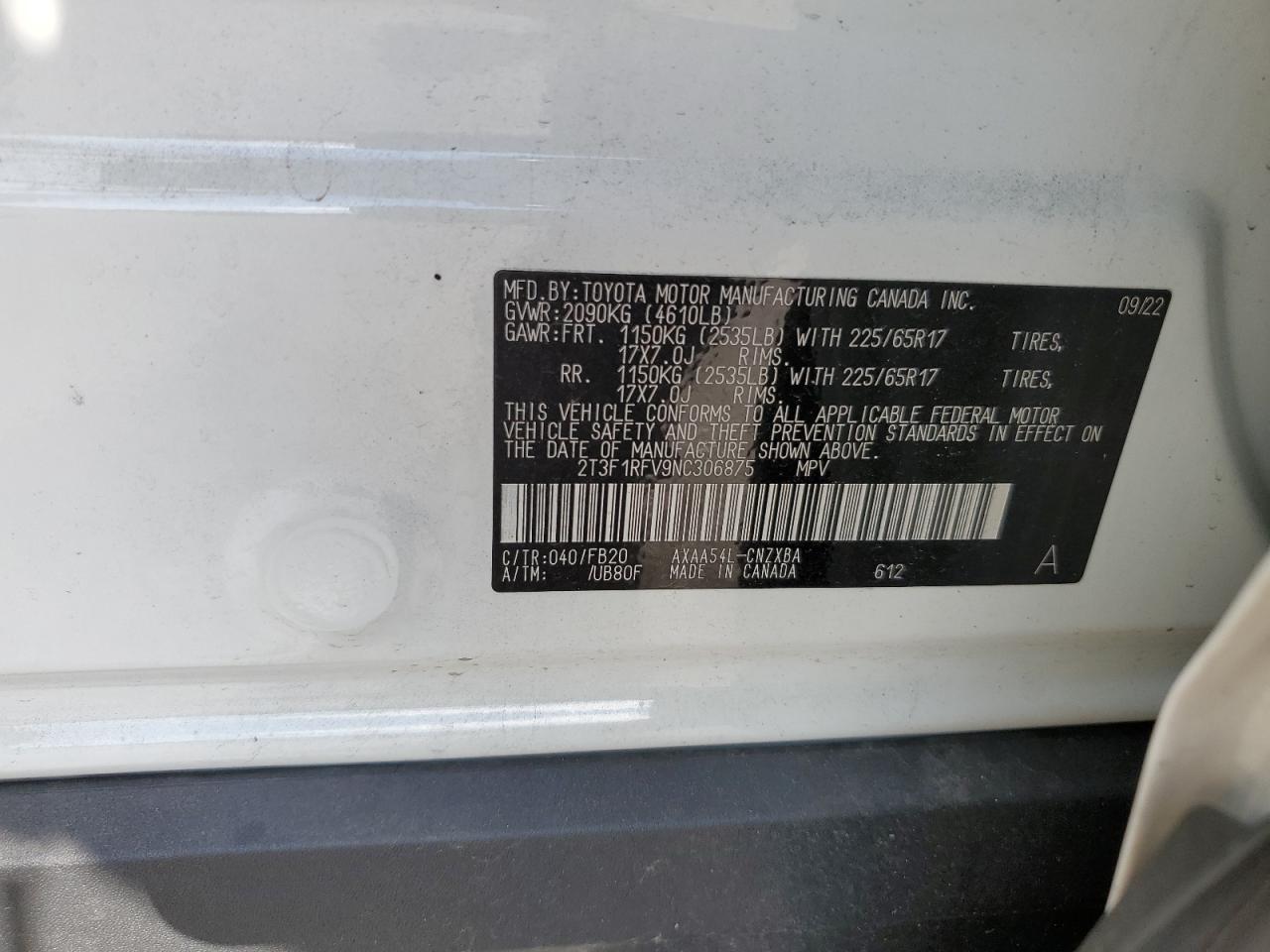 2022 Toyota Rav4 Le VIN: 2T3F1RFV9NC306875 Lot: 85161525