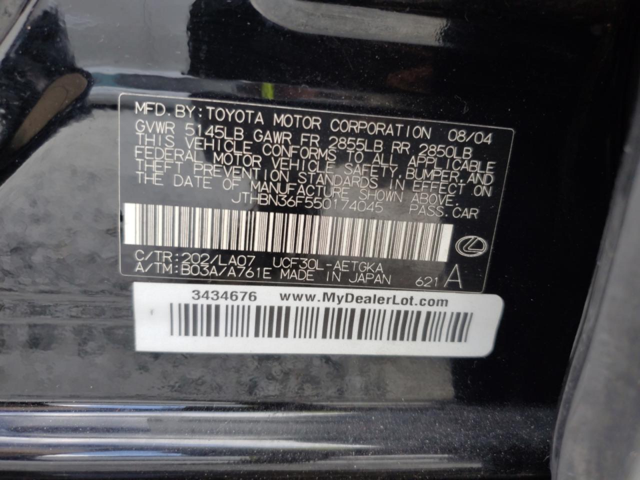 2005 Lexus Ls 430 VIN: JTHBN36F550174045 Lot: 85261935