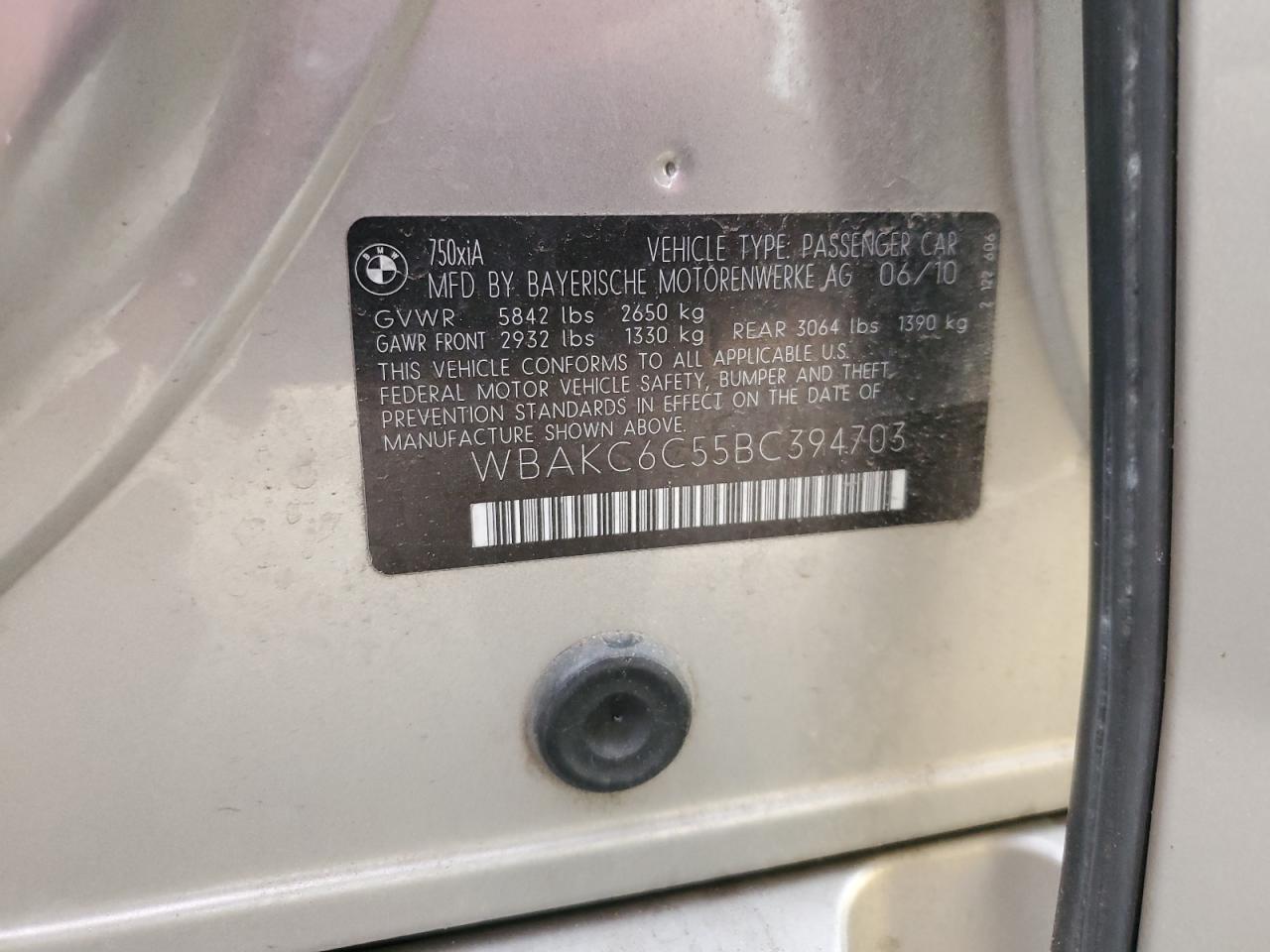 2011 BMW 750 Xi VIN: WBAKC6C55BC394703 Lot: 85719875