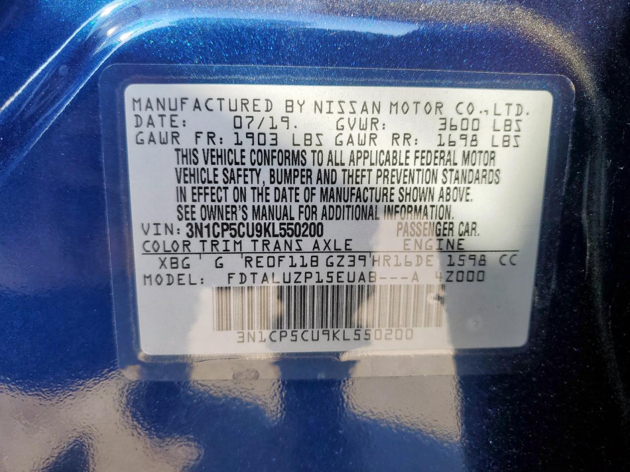 2019 Nissan Kicks S VIN: 3N1CP5CU9KL550200 Lot: 86667865