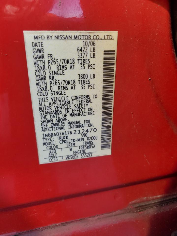 2007 Nissan Titan Xe VIN: 1N6BA07A17N212470 Lot: 85184055