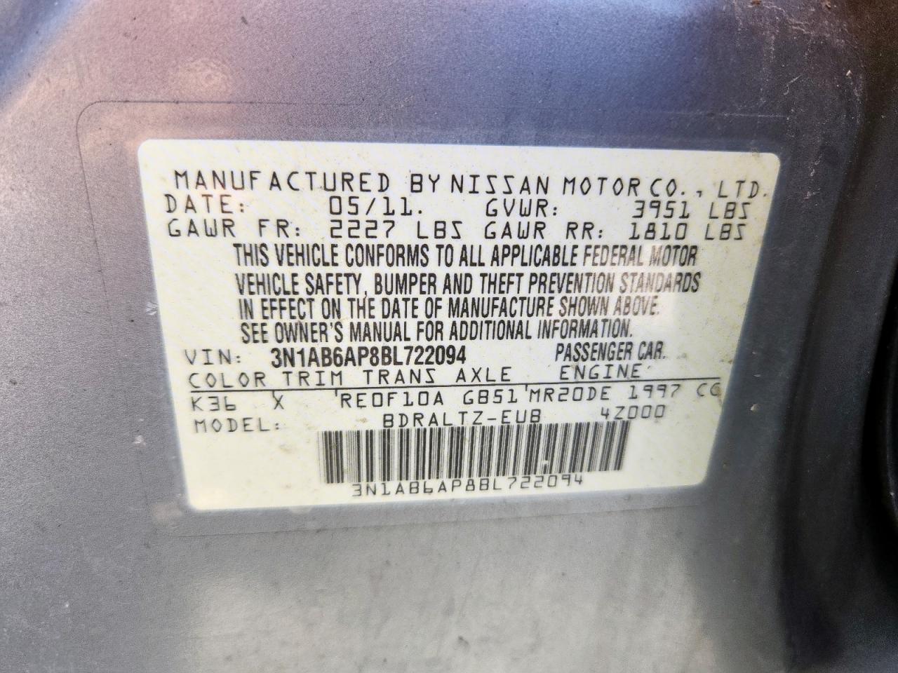 2011 Nissan Sentra 2.0 VIN: 3N1AB6AP8BL722094 Lot: 84303995