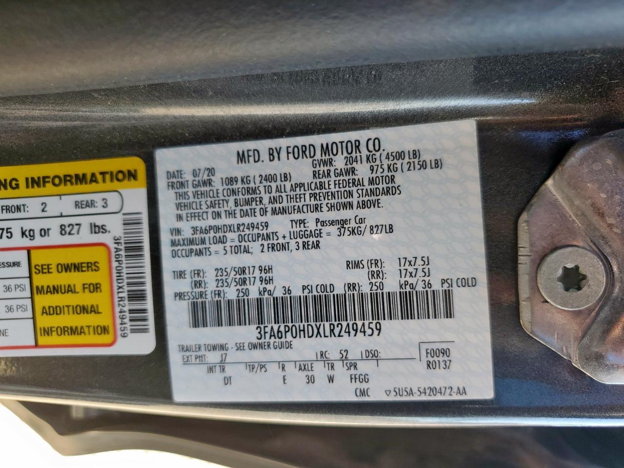 2020 Ford Fusion Se VIN: 3FA6P0HDXLR249459 Lot: 86487205