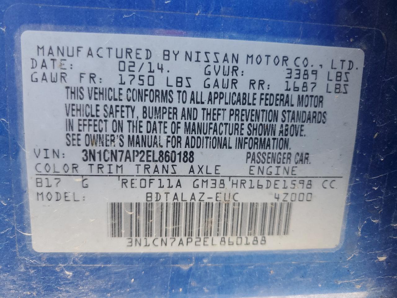 2014 Nissan Versa S VIN: 3N1CN7AP2EL860188 Lot: 82412745