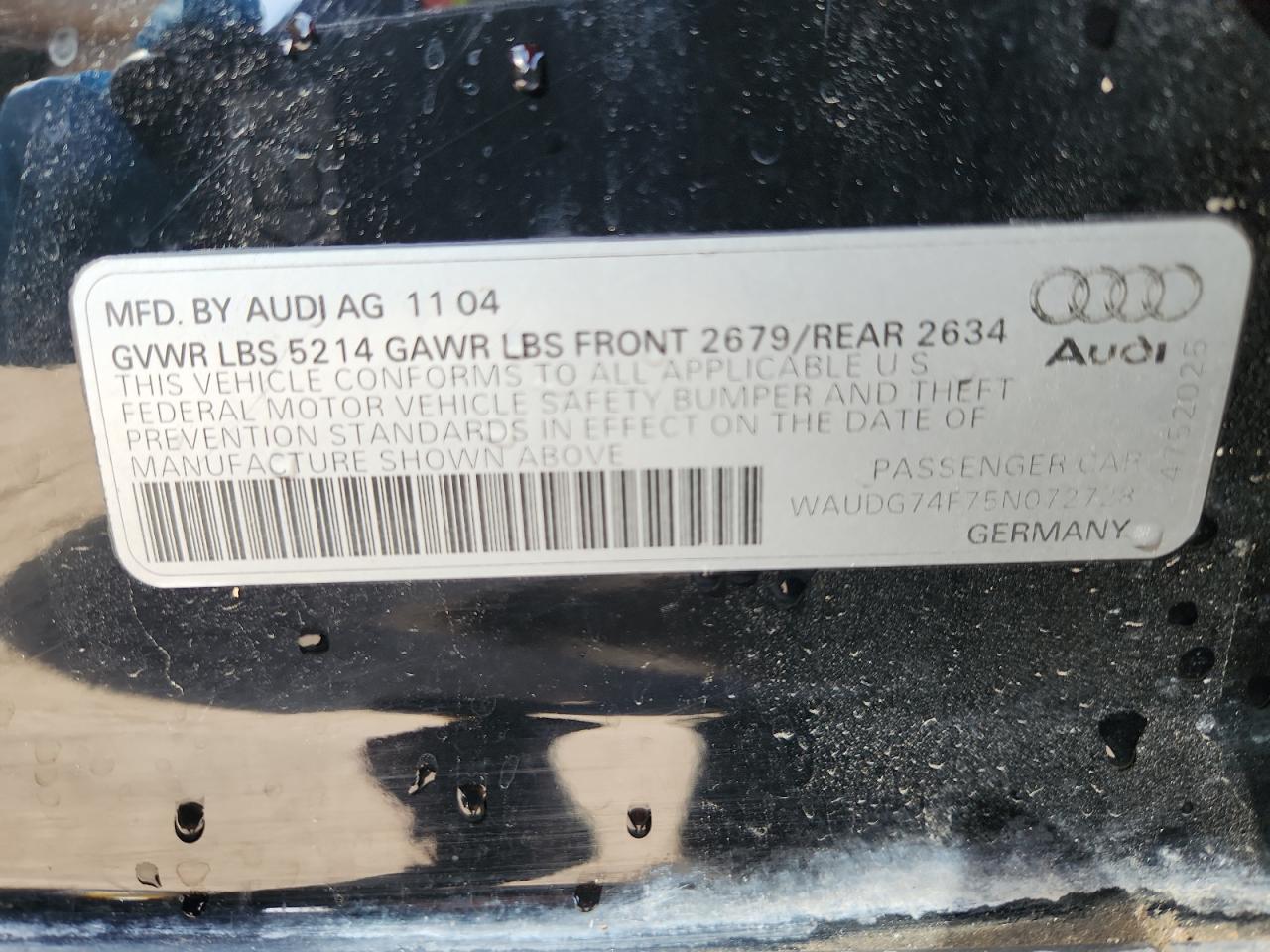 2005 Audi A6 3.2 Quattro VIN: WAUDG74F75N072728 Lot: 89849775