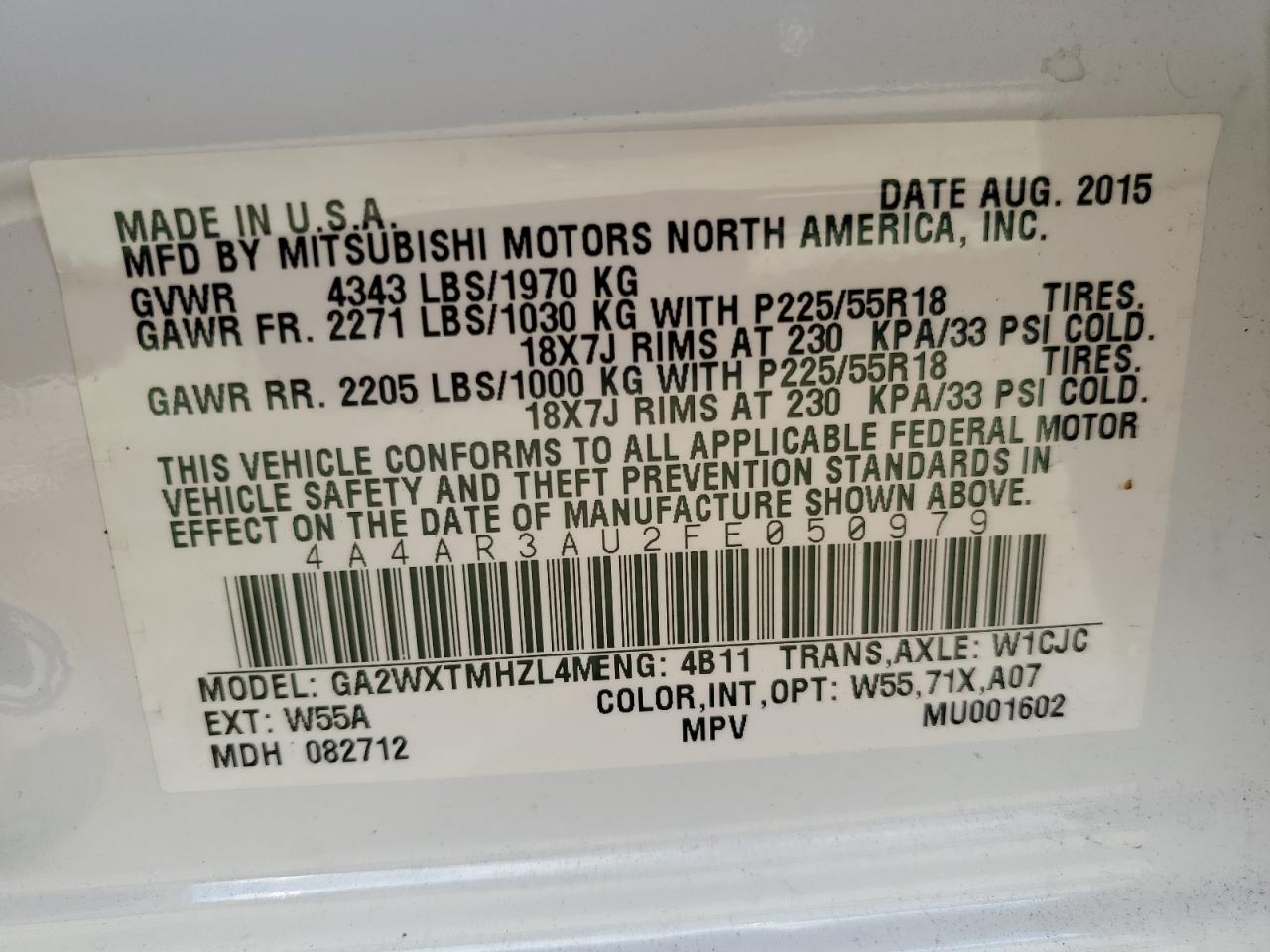 2015 Mitsubishi Outlander Sport Es VIN: 4A4AR3AU2FE050979 Lot: 84565065