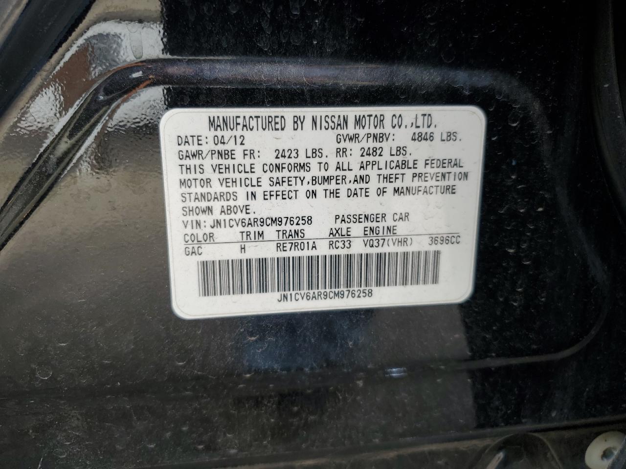 2012 Infiniti G37 VIN: JN1CV6AR9CM976258 Lot: 85933435