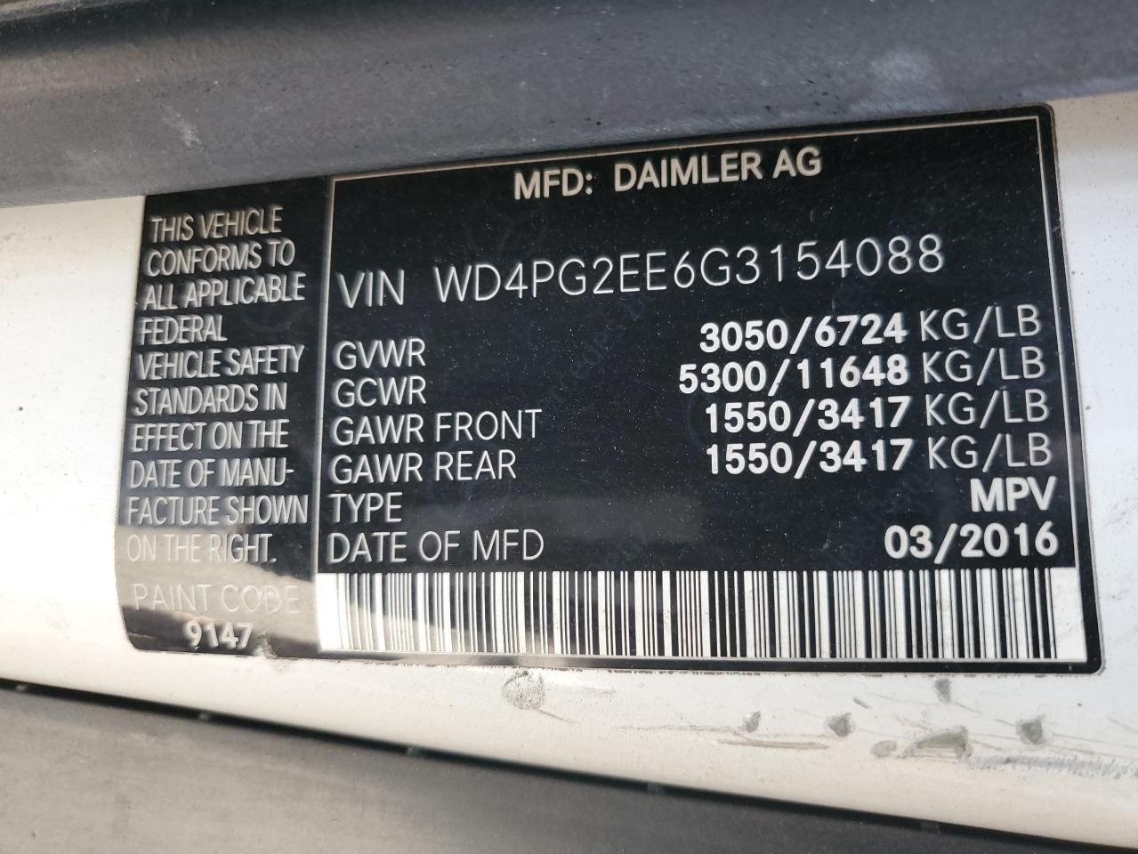 2016 Mercedes-Benz Metris VIN: WD4PG2EE6G3154088 Lot: 81889685