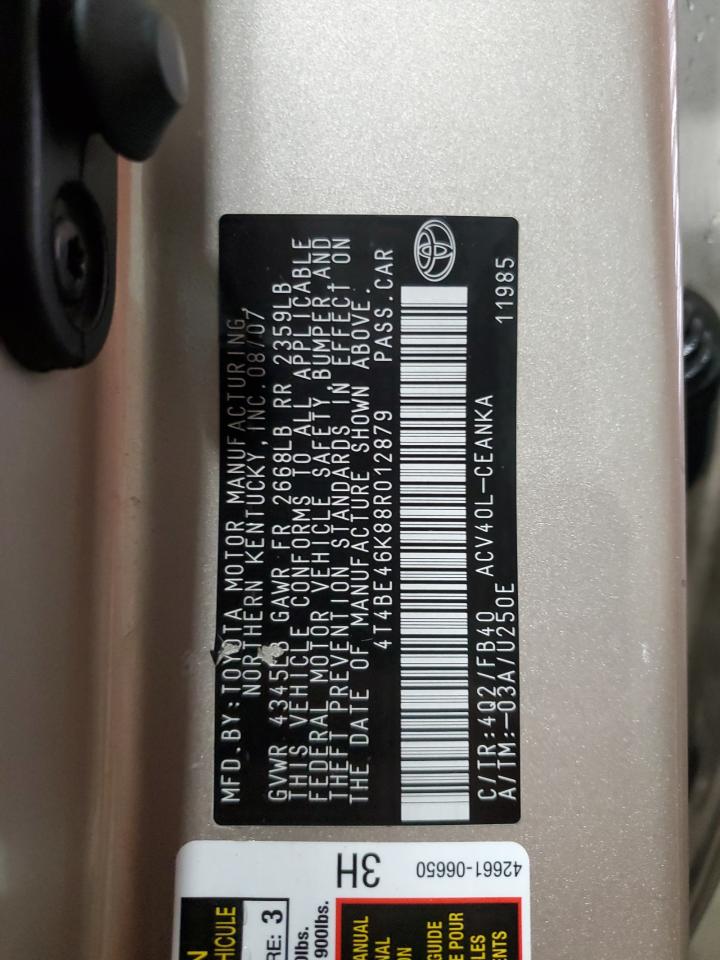 2008 Toyota Camry Ce VIN: 4T4BE46K88R012879 Lot: 85190925