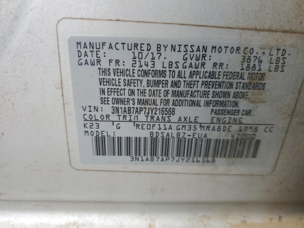 2018 Nissan Sentra S VIN: 3N1AB7AP7JY216568 Lot: 85692155