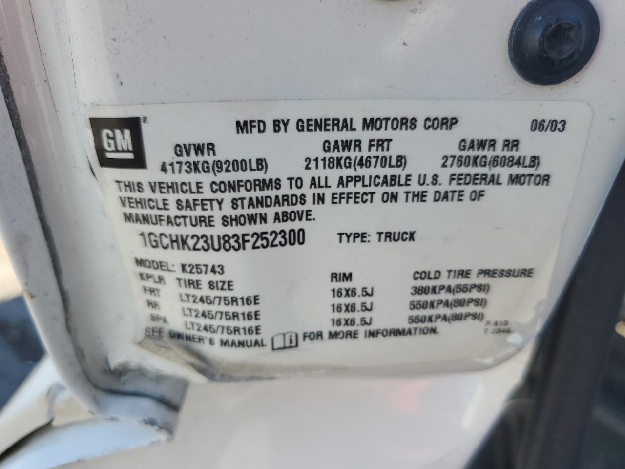 2003 Chevrolet Silverado K2500 Heavy Duty VIN: 1GCHK23U83F252300 Lot: 82237465