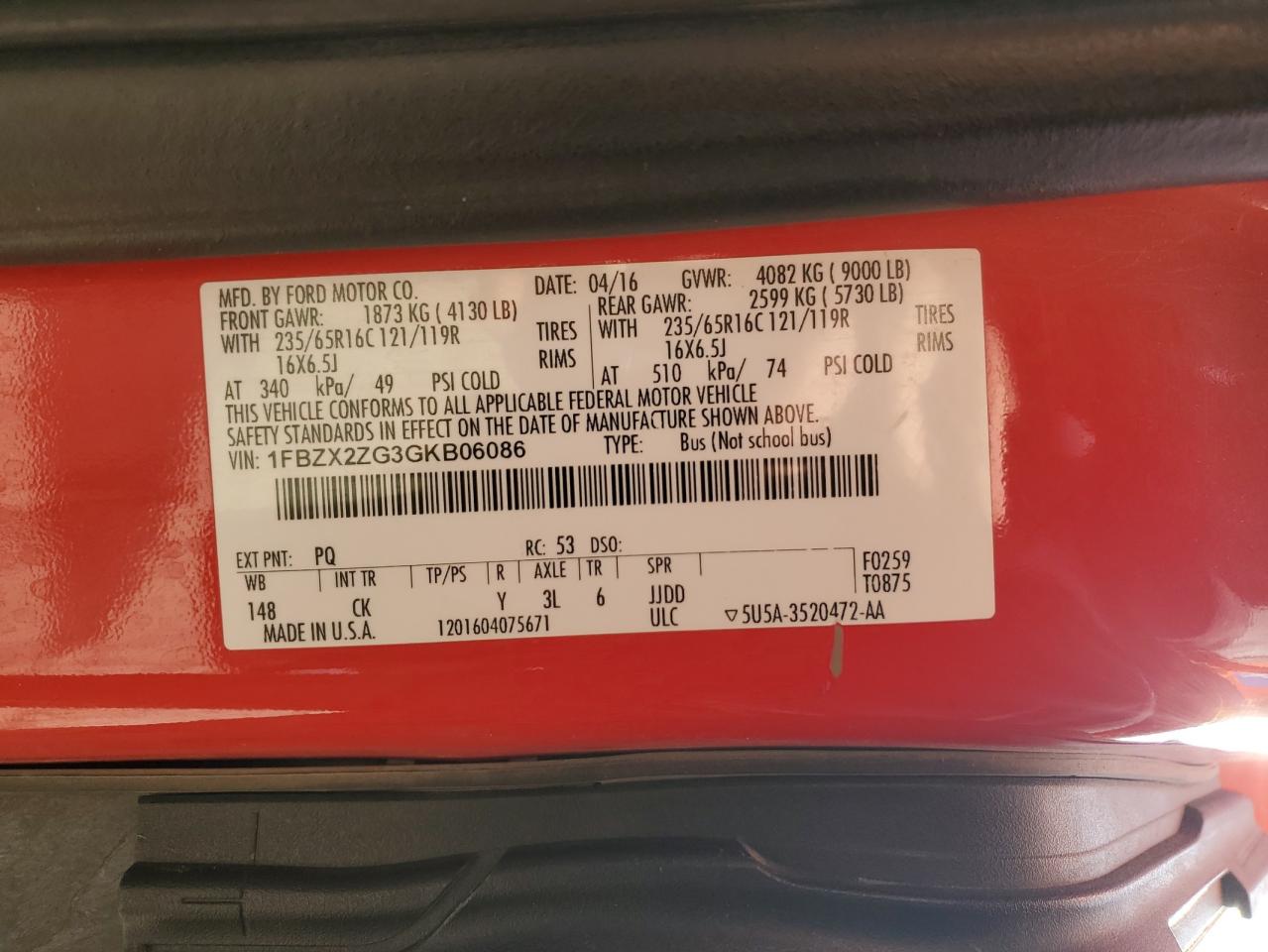 2016 Ford Transit T-350 VIN: 1FBZX2ZG3GKB06086 Lot: 86696545