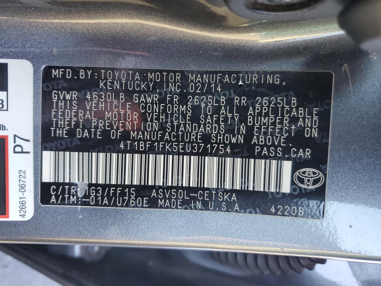 2014 Toyota Camry L VIN: 4T1BF1FK5EU371754 Lot: 84802785