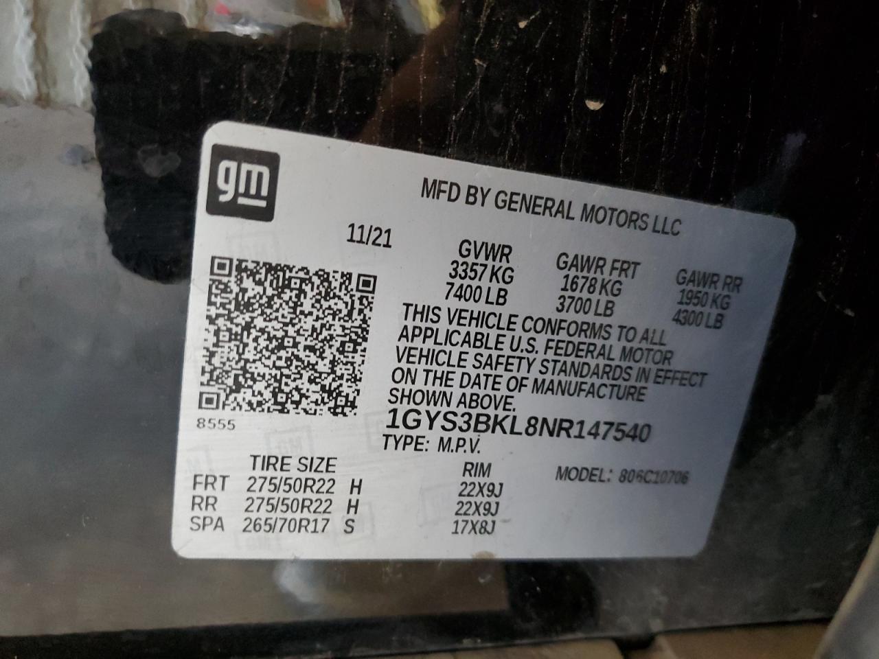 2022 Cadillac Escalade Premium Luxury VIN: 1GYS3BKL8NR147540 Lot: 82514155