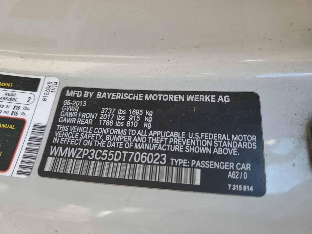 2013 Mini Cooper S VIN: WMWZP3C55DT706023 Lot: 85284555