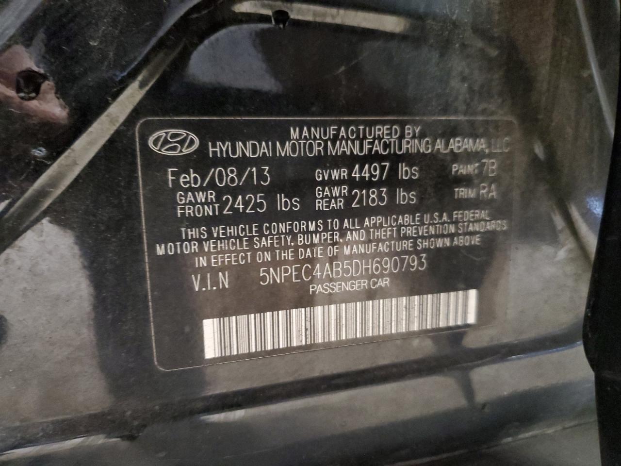 2013 Hyundai Sonata Se VIN: 5NPEC4AB5DH690793 Lot: 84656755