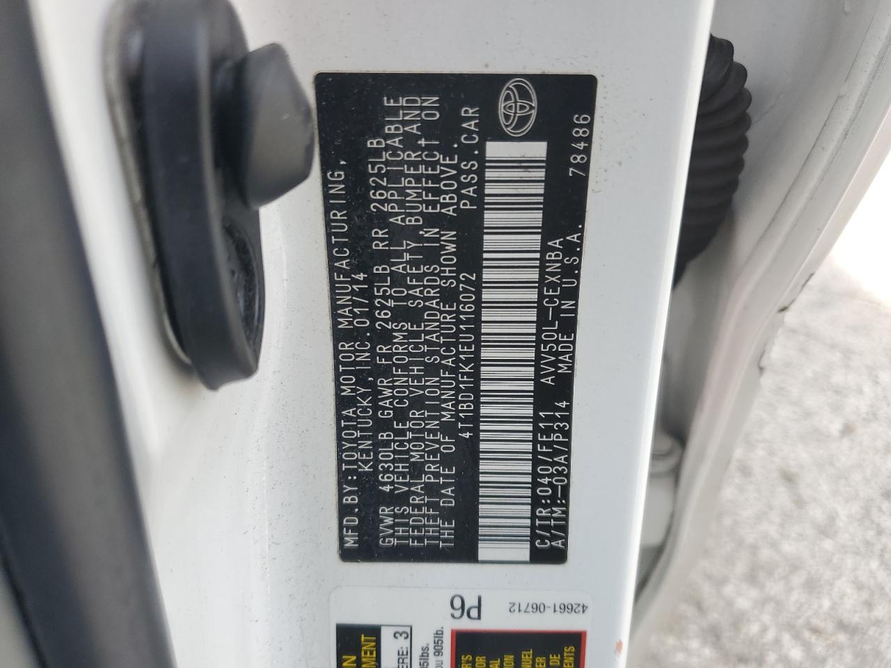 2014 Toyota Camry Hybrid VIN: 4T1BD1FK1EU116072 Lot: 85885575