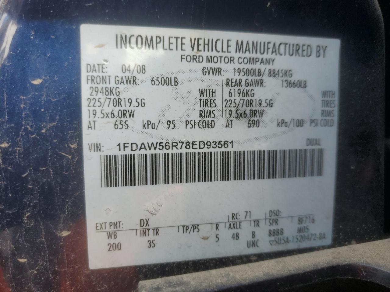 2008 Ford F550 Super Duty VIN: 1FDAW56R78ED93561 Lot: 86518175