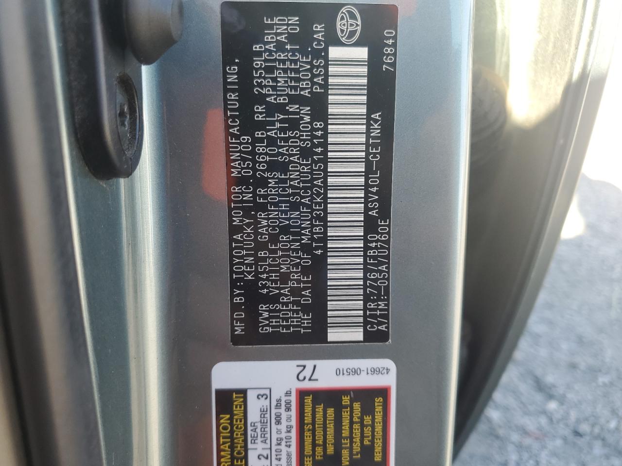 2010 Toyota Camry Base VIN: 4T1BF3EK2AU514148 Lot: 86823645