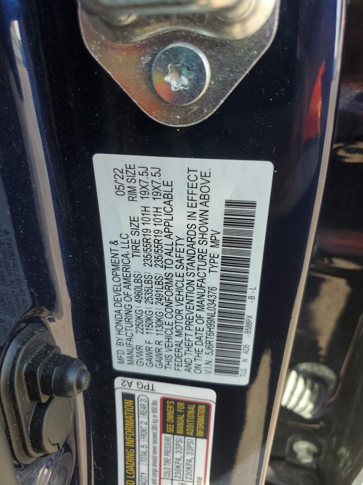 2022 Honda Cr-V Touring VIN: 5J6RT6H99NL034376 Lot: 81929615