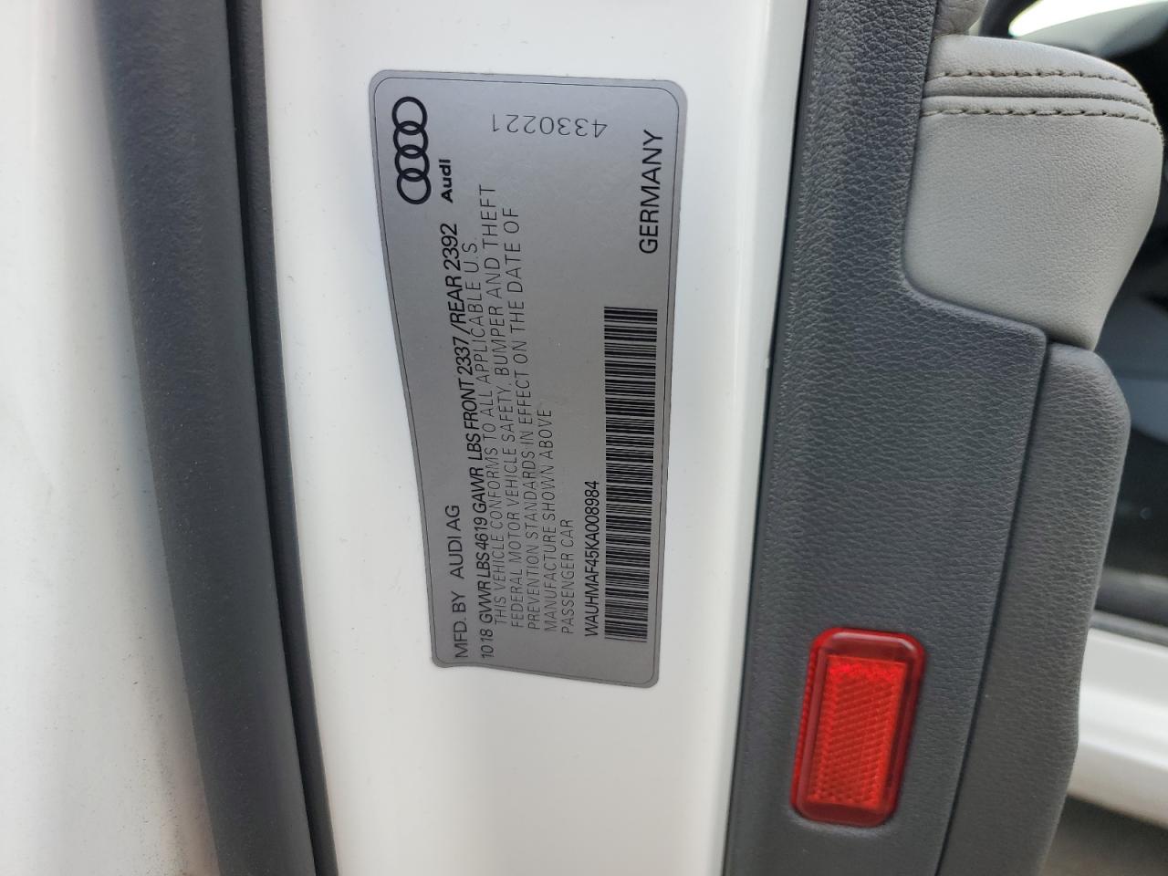 2019 Audi A4 Premium Plus VIN: WAUHMAF45KA008984 Lot: 86410545