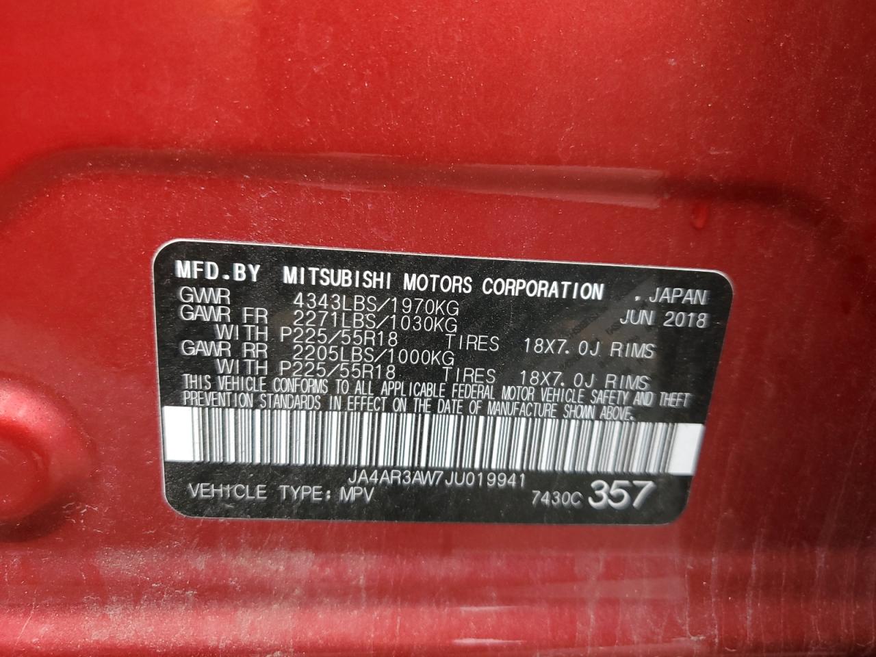 2018 Mitsubishi Outlander Sport Es VIN: JA4AR3AW7JU019941 Lot: 85173765