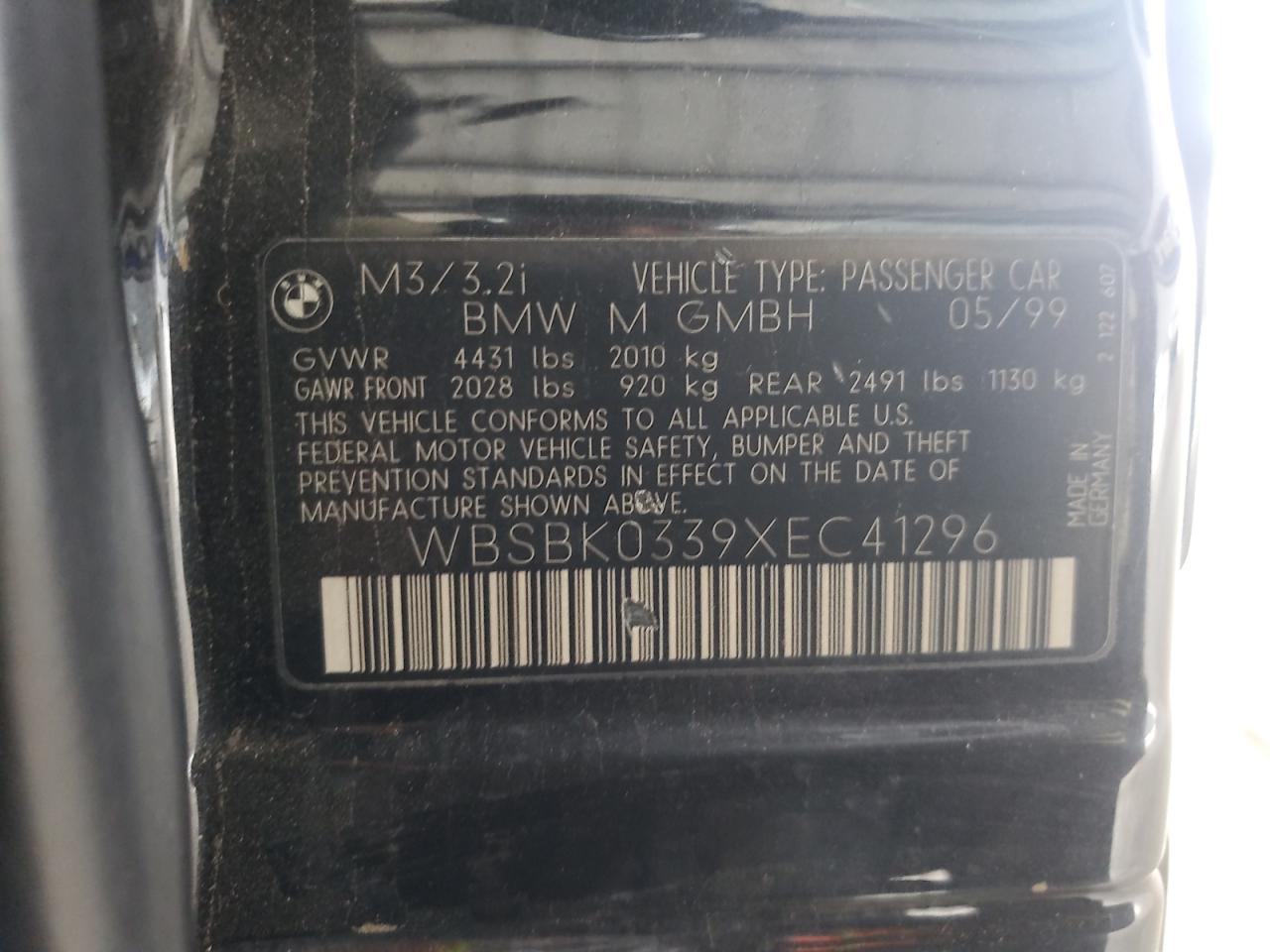 1999 BMW M3 Automatic VIN: WBSBK0339XEC41296 Lot: 84416065