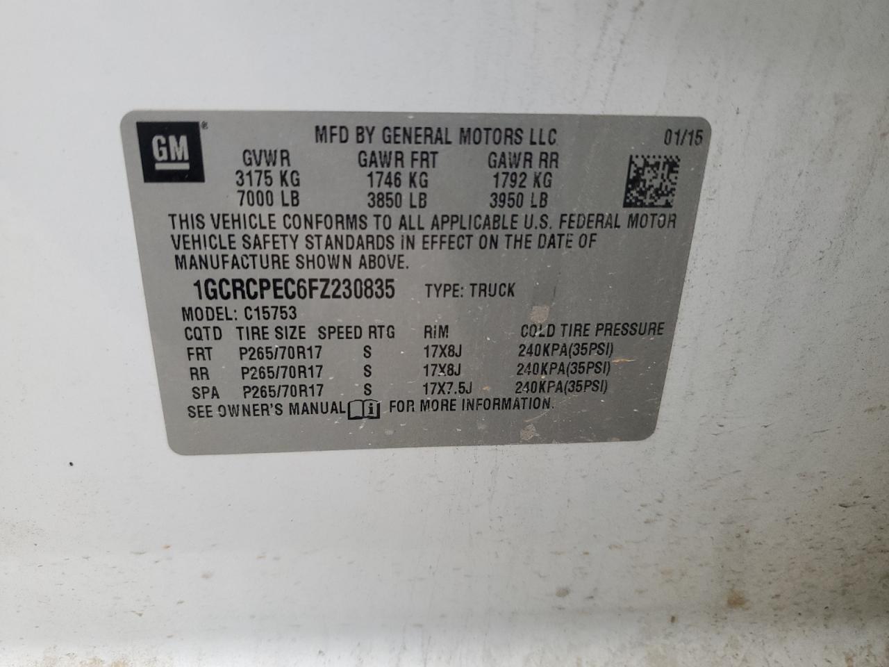 2015 Chevrolet Silverado C1500 VIN: 1GCRCPEC6FZ230835 Lot: 85581005