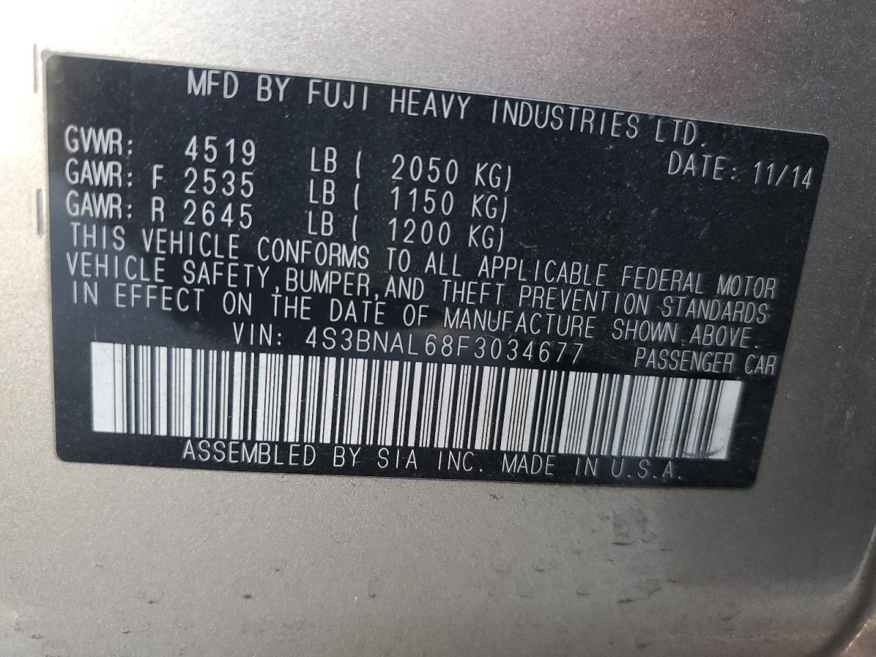 2015 Subaru Legacy 2.5I Limited VIN: 4S3BNAL68F3034677 Lot: 85397695