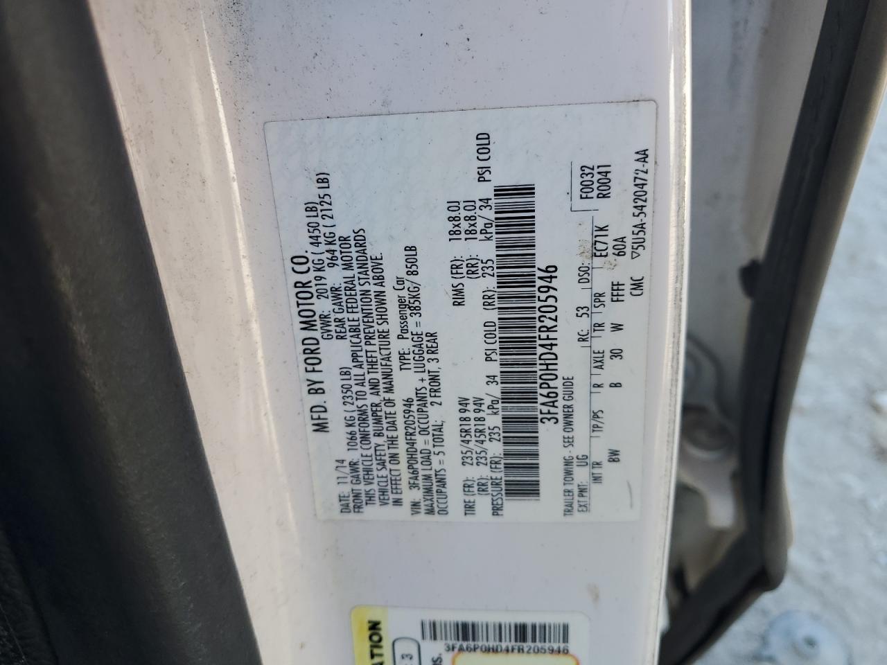 2015 Ford Fusion Se VIN: 3FA6P0HD4FR205946 Lot: 87260995