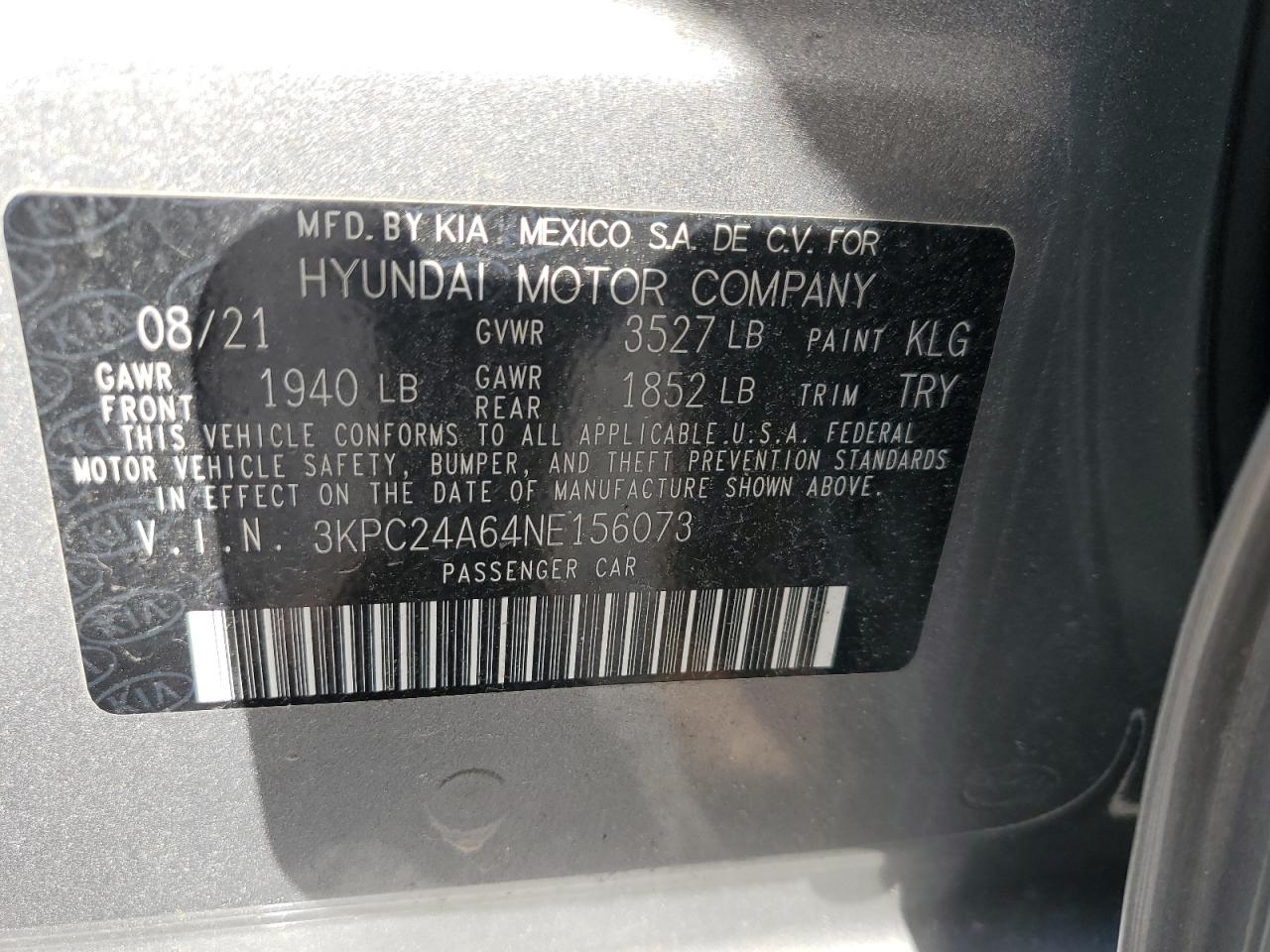 2022 Hyundai Accent Se VIN: 3KPC24A64NE156073 Lot: 90665955