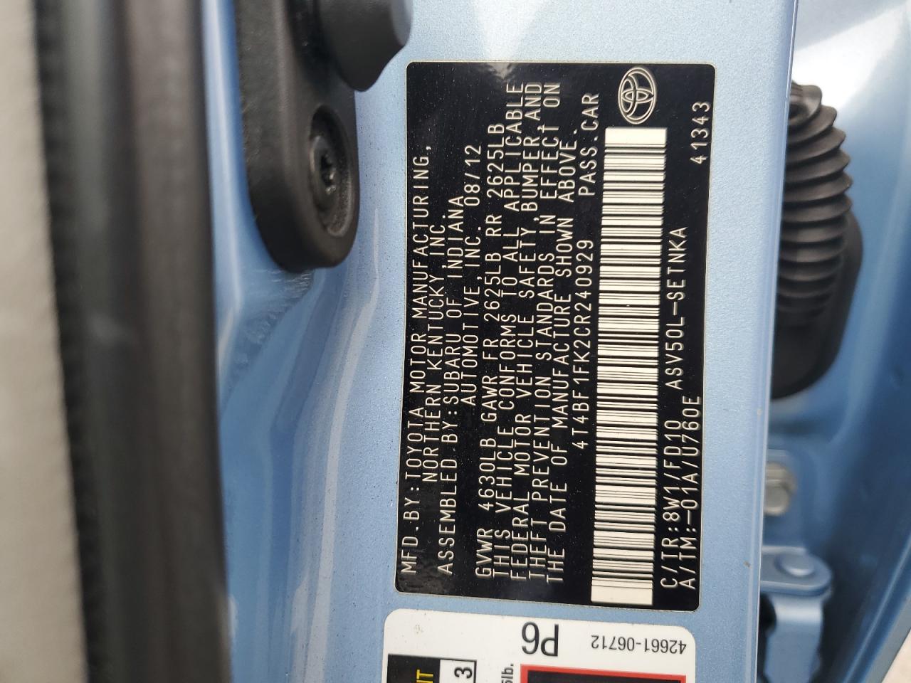 2012 Toyota Camry Base VIN: 4T4BF1FK2CR240929 Lot: 82297595