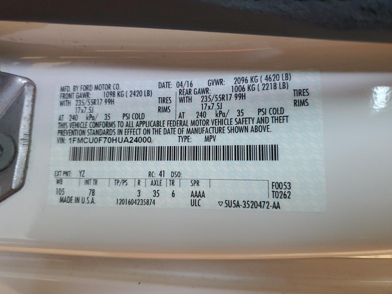 2017 Ford Escape S VIN: 1FMCU0F70HUA24000 Lot: 84890545