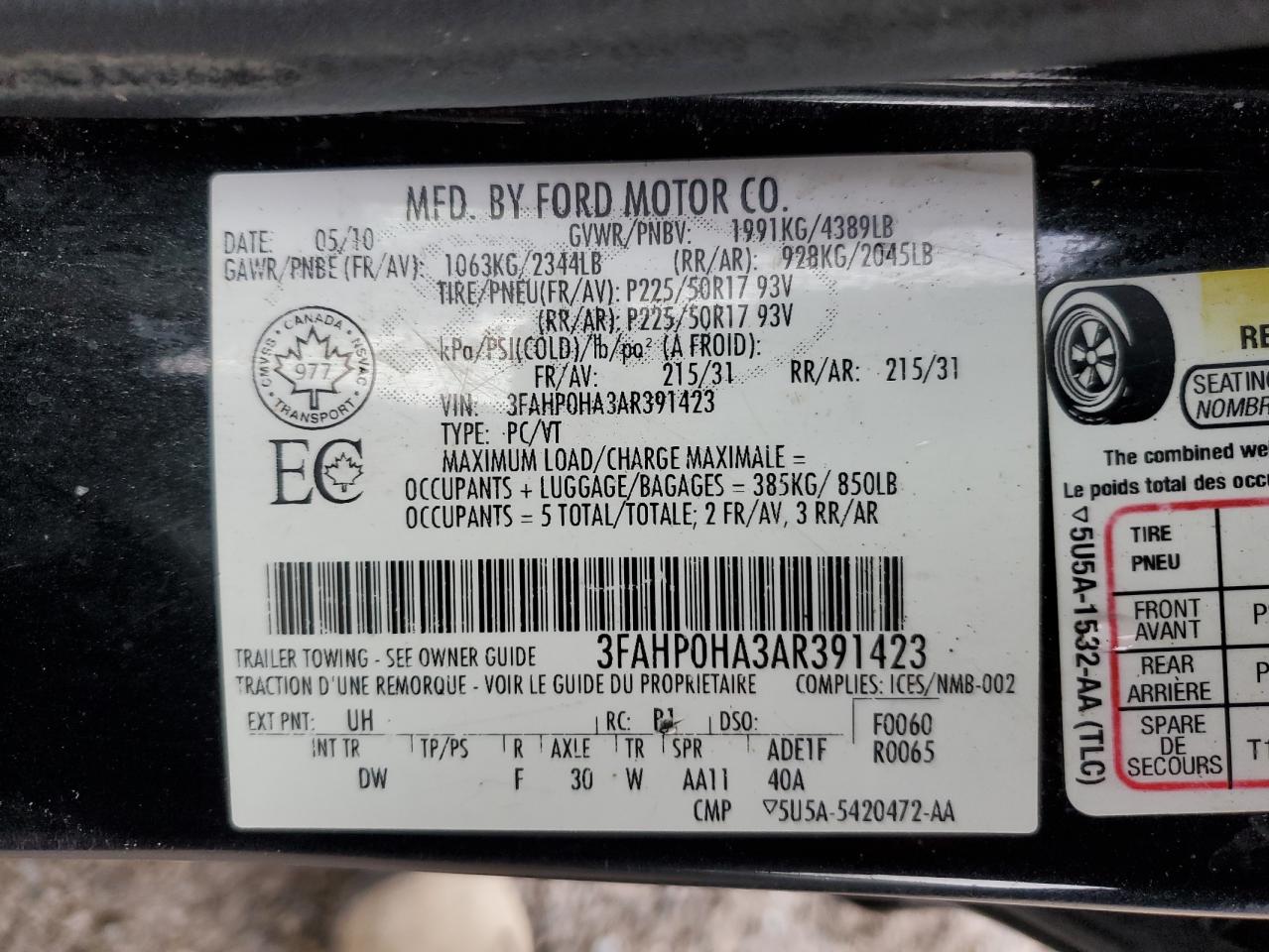 2010 Ford Fusion Se VIN: 3FAHP0HA3AR391423 Lot: 90071885