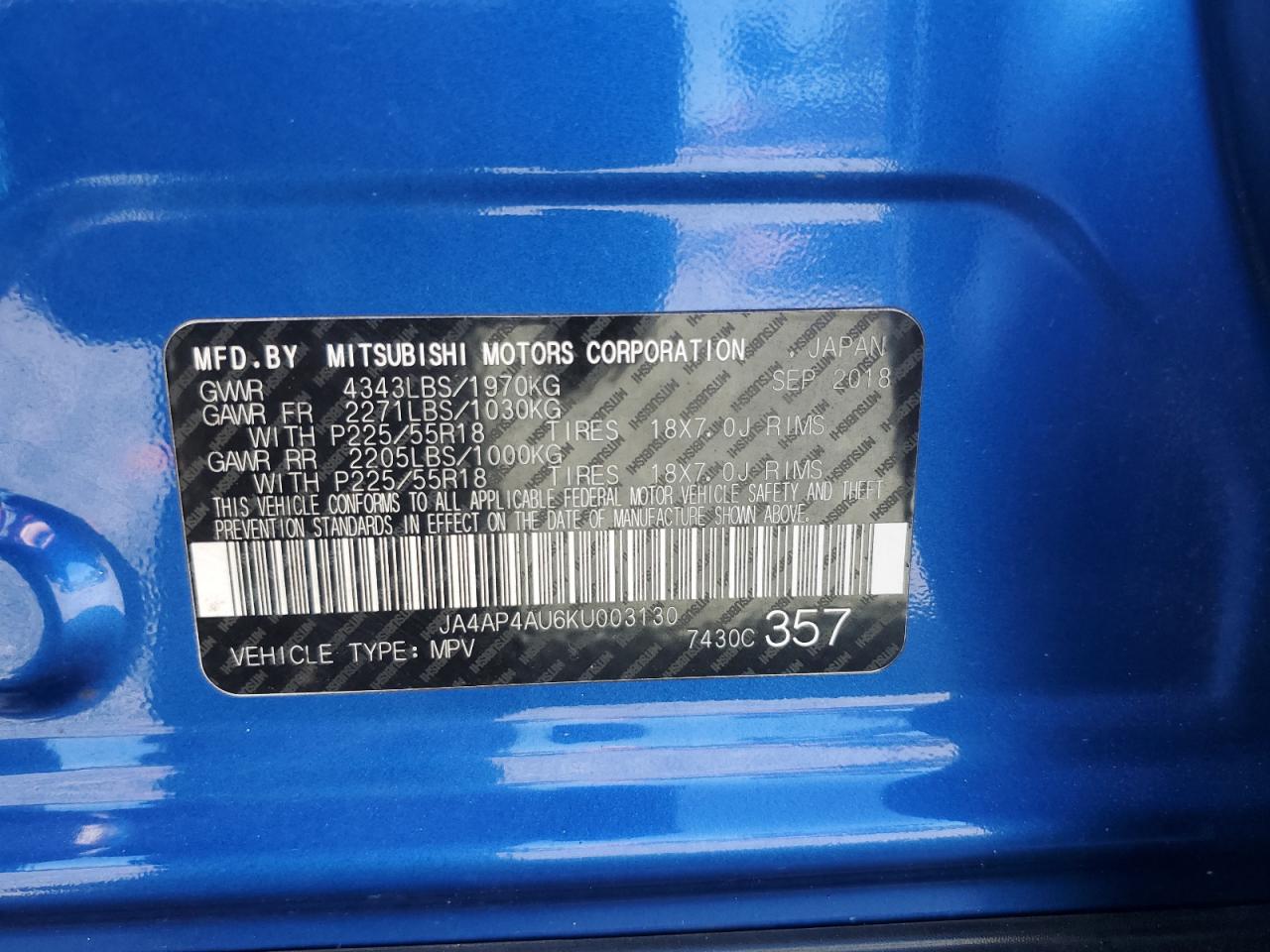 2019 Mitsubishi Outlander Sport Se VIN: JA4AP4AU6KU003130 Lot: 86606445