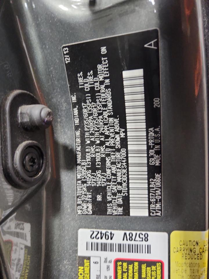 2014 Toyota Sienna Xle VIN: 5TDYK3DC9ES447000 Lot: 84944775