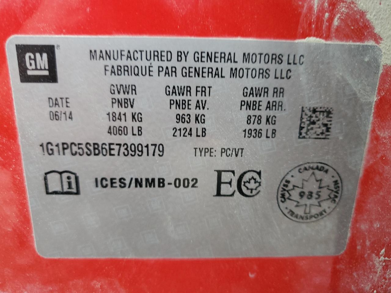2014 Chevrolet Cruze Lt VIN: 1G1PC5SB6E7399179 Lot: 82658495