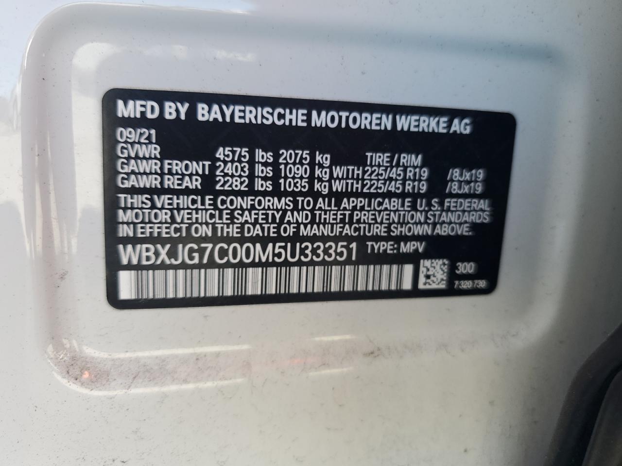 2021 BMW X1 Sdrive28I VIN: WBXJG7C00M5U33351 Lot: 86426595