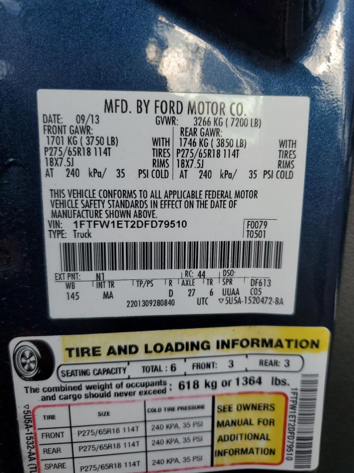 2013 Ford F150 Supercrew VIN: 1FTFW1ET2DFD79510 Lot: 82439575