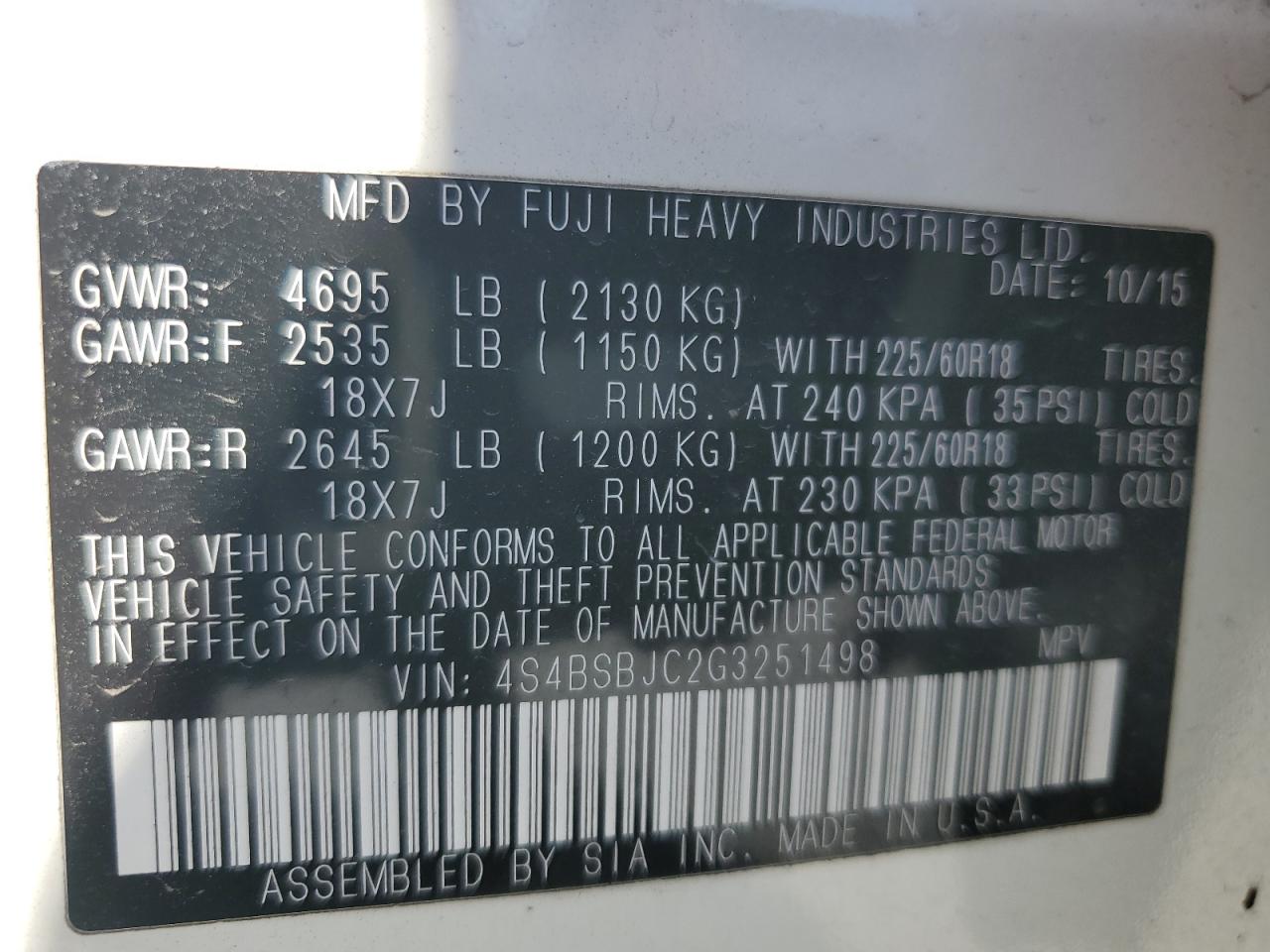 2016 Subaru Outback 2.5I Limited VIN: 4S4BSBJC2G3251498 Lot: 82288415