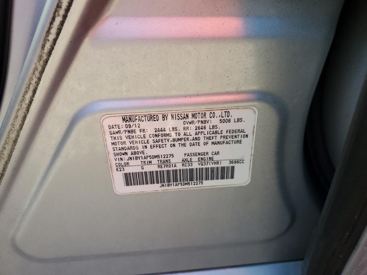 2013 Infiniti M37 VIN: JN1BY1AP5DM512275 Lot: 89555185