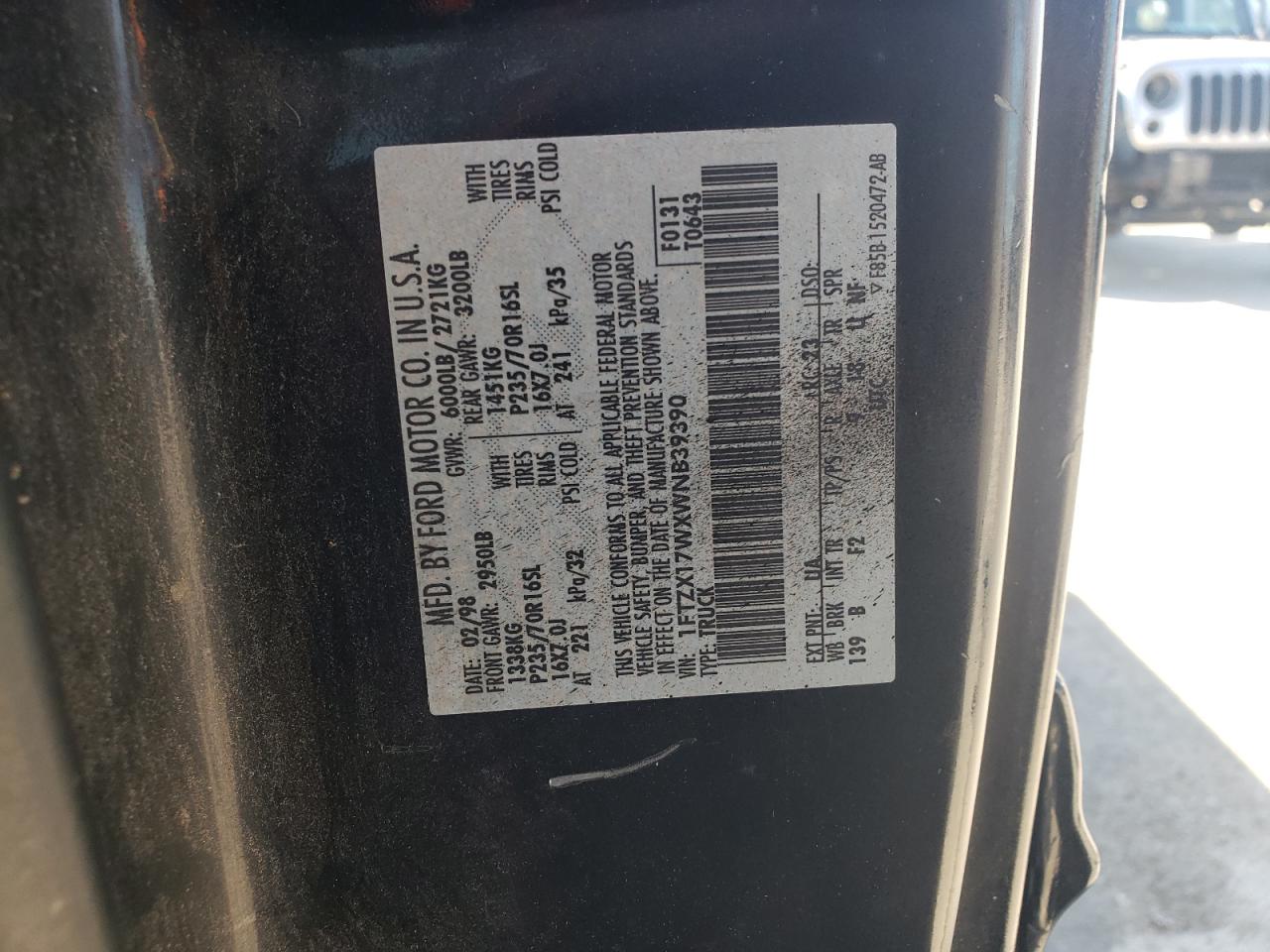 1998 Ford F150 VIN: 1FTZX17WXWNB39390 Lot: 84896995