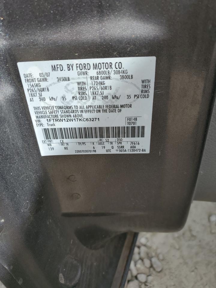 2007 Ford F150 Supercrew VIN: 1FTRW12W17KC63271 Lot: 85284625